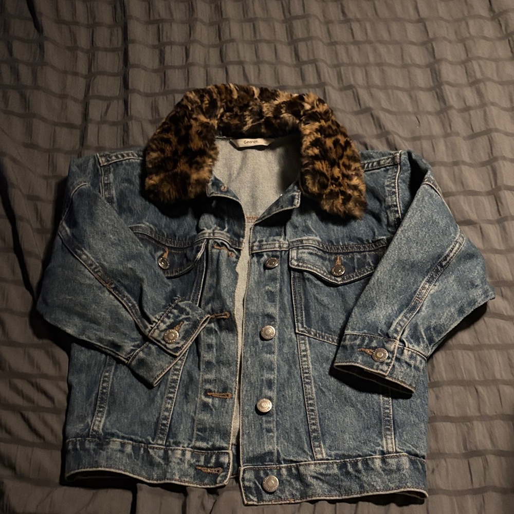 George Blue Denim Jacket with Leopard Print Collar